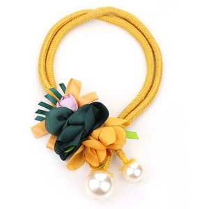 Handcrafted fabric floral necklace with yellow braided cord and elegant faux pearls