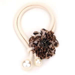 Leopard print fabric necklace with sparkling black rhinestones and elegant pearls