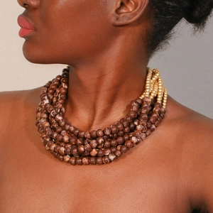 Bohemian multi-layer beaded necklace with brown marble beads and gold accents