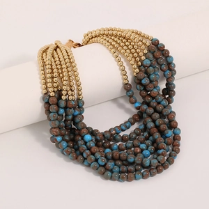 Detail view of multi-layer beaded necklace featuring gold beads and marble textured stones