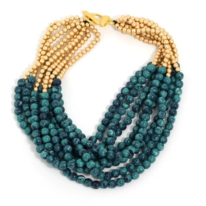 Bohemian multilayer beaded necklace with green marble stones and gold toggle clasp