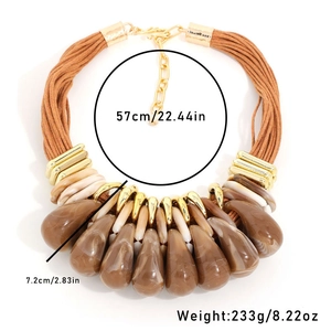 Detailed view of bohemian layered acrylic resin necklace with size and weight metrics