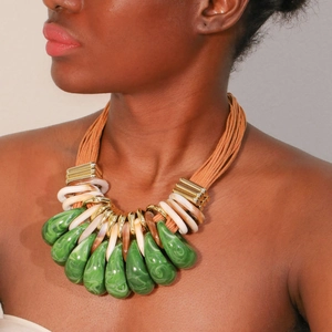 Bohemian multi-layer statement necklace with orange cords and green marble pendants