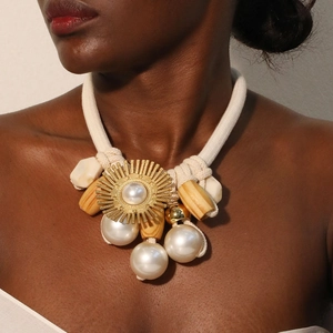 Bohemian Statement Necklace Braided Rope Clavicle Chain Golden Sun Flower Pendant With Faux Artificial Pearl Wood Beads Handmade