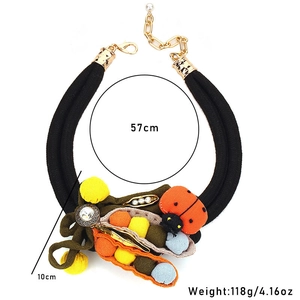 Artistic double-strand cord necklace with ladybug and pea pod charms, 57cm length