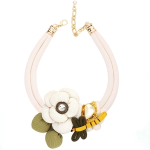 Bohemian oversized white fabric flower necklace with dragonfly charm and crystal centerpiece