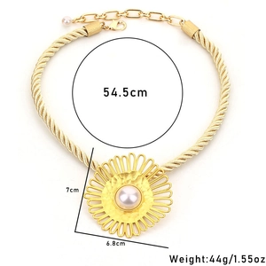 Gold sunflower necklace with faux pearl pendant on chunky chain with size dimensions