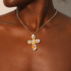Cross Pendant Necklace Alloy Imitation Artificial Pearl Artificial Crystal Wood Bohemian Vintage Jewelry Gift For Women