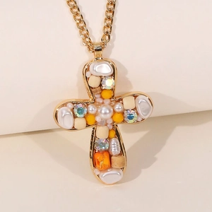 Cross pendant necklace featuring faux pearls and colorful resin beads in gold finish