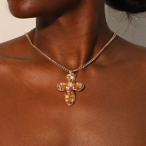 Collier Pendentif Croix Rétro Bohème Avec Pierres Naturelles Perles De Verre Strass Alliage Bijoux Perles Fait Main Femme