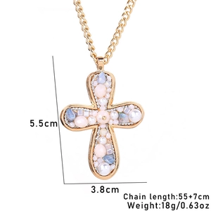Detailed measurements of faux pearl and crystal cross pendant necklace with size labels