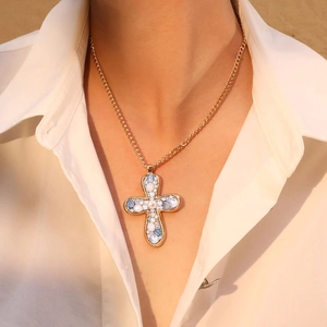 Vintage Cross Pendant Necklace Alloy Synthetic Crystal Imitation Artificial Pearl Handmade Bohemian Jewelry For Women