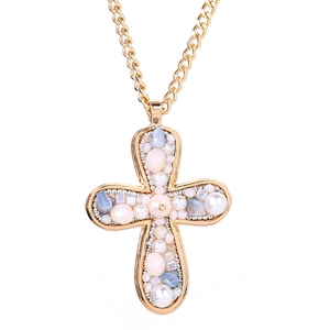 Vintage gold cross pendant necklace with faux pearls and pastel blue pink crystals