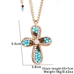 Cross necklace detailed dimensions 5.5x3.8cm with blue crystal beads and crystal inlay