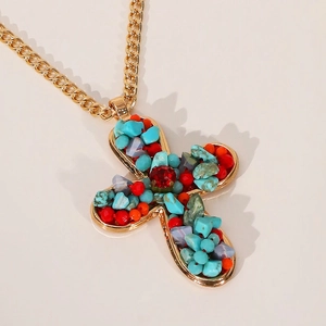 Handmade beaded cross pendant necklace with natural stones and red crystal center