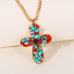 Bohemian gold cross necklace featuring natural turquoise and colorful crystal beads