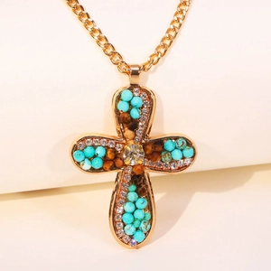 Golden cross necklace with blue turquoise beads and sparkling rhinestones for women