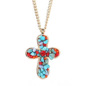Bohemian handmade cross pendant necklace with turquoise stones and gold metal chain