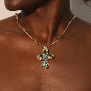 Collier Pendentif Croix Bohème Alliage Vintage Turquoise Verre Strass Incrustation Bijoux Style Ethnique Pour Femme