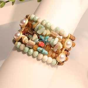 Bracelet multicouche bohème avec pendentif étoile de mer et pierres naturelles