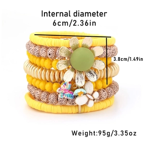 Detail of multi-layered beaded sunflower bracelet showing dimensions and yellow bead textures