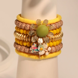 Multi-layer sunflower beaded bracelet set with yellow charms and bohemian style details