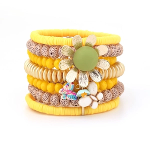 Bohemian multi-layer beaded bracelet set with yellow sunflower and butterfly charms
