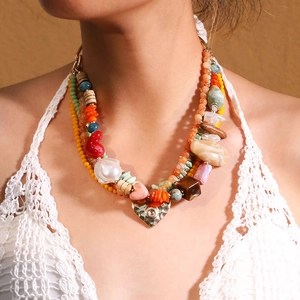 Collier Perlé Multi-Rangs Bohème Avec Pierre Naturelle Résine Bois Faux Künstliche Perle Pendentif Coeur En Alliage Chaîne Aluminium