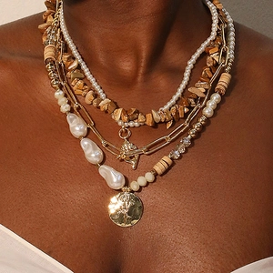Collana A Strati Pietra Naturale Perla Artificial Imitazione Lega Legno Alluminio Moneta Cactus Pendente Boho Vintage