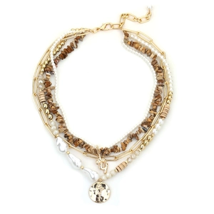 Collana boho multistrato con pietra naturale, perle finte e ciondolo a moneta cactus
