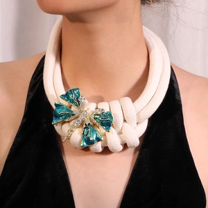 Bohemian Dragonfly Pendant Necklace Exaggerated Statement Braided Rope Alloy Enamel Rhinestone Fashion Jewelry