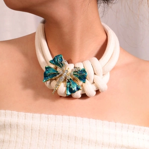 Double-layer thick rope necklace with a crystal-studded blue dragonfly pendant