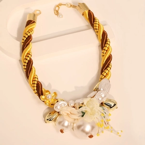 Bohemian floral pearl statement necklace with gold twisted rope and mesh petals