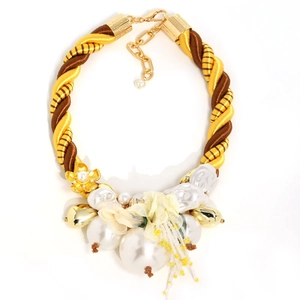 Chunky faux pearl flower necklace with yellow and brown twisted rope chain