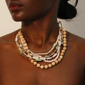 Layered Necklace Wood Beads Faux Artificial Pearl Multi Strand Bohemian Aluminum Chain Shell Crystal Handmade For Women