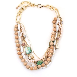 Bohemian multilayer necklace with wood beads, baroque pearls and green shell accents