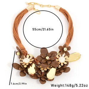 Handmade brown floral statement necklace on wax cord with 55cm length and 148g weight