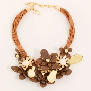 Multilayer waxed cord necklace featuring realistic brown resin flowers and golden charms