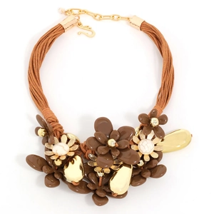 Handmade multi-layer brown cord necklace with floral pendant and marble bead accents