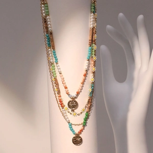Bohemian multi-layer beaded necklace with daisy charms and vintage metal coins