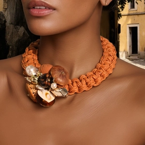 Bohemian Statement Halskette Und Ohrringe Handgewebtes Wachsseil Künstliche Perlenimitation Holz Muschel Anhänger Ethno Vintage Schmuck Damen