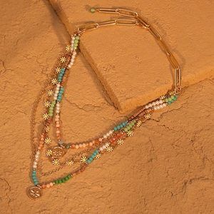 Multilayer bohemian daisy flower necklace with handmade beads and gold chain