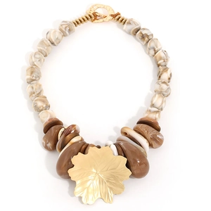 Bohemian handmade beaded necklace featuring resin stones and a large golden leaf pendant
