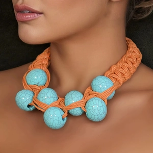 Bohemian Braided Wax Rope Necklace And Earrings Handmade Ethnic Large Simulated Turquoise Beads For Women