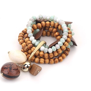 Bracelet multicouche fait main en perles de bois avec pendentifs ethniques naturels