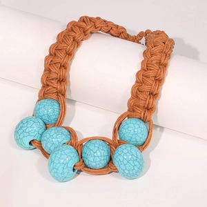 Handmade woven brown rope necklace with six synthetic blue turquoise beads for women