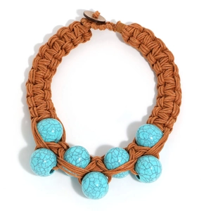 Handmade woven rope necklace with blue turquoise beads and a wooden button clasp