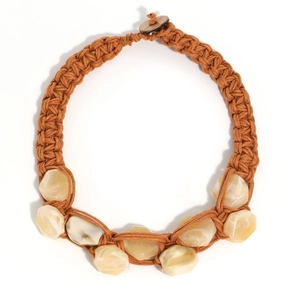 Handmade bohemian braided rope necklace with beige stone pendants and wooden closure