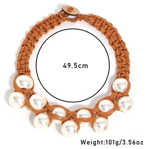 Detail of woven rope necklace with faux pearls showing 49.5cm length and 101g weight