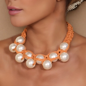 Bohemian Hand Woven Wax Rope Necklace Earrings Large Imitation Artificial Pearl Chunky Choker Jewelry For Women Ethnic Style